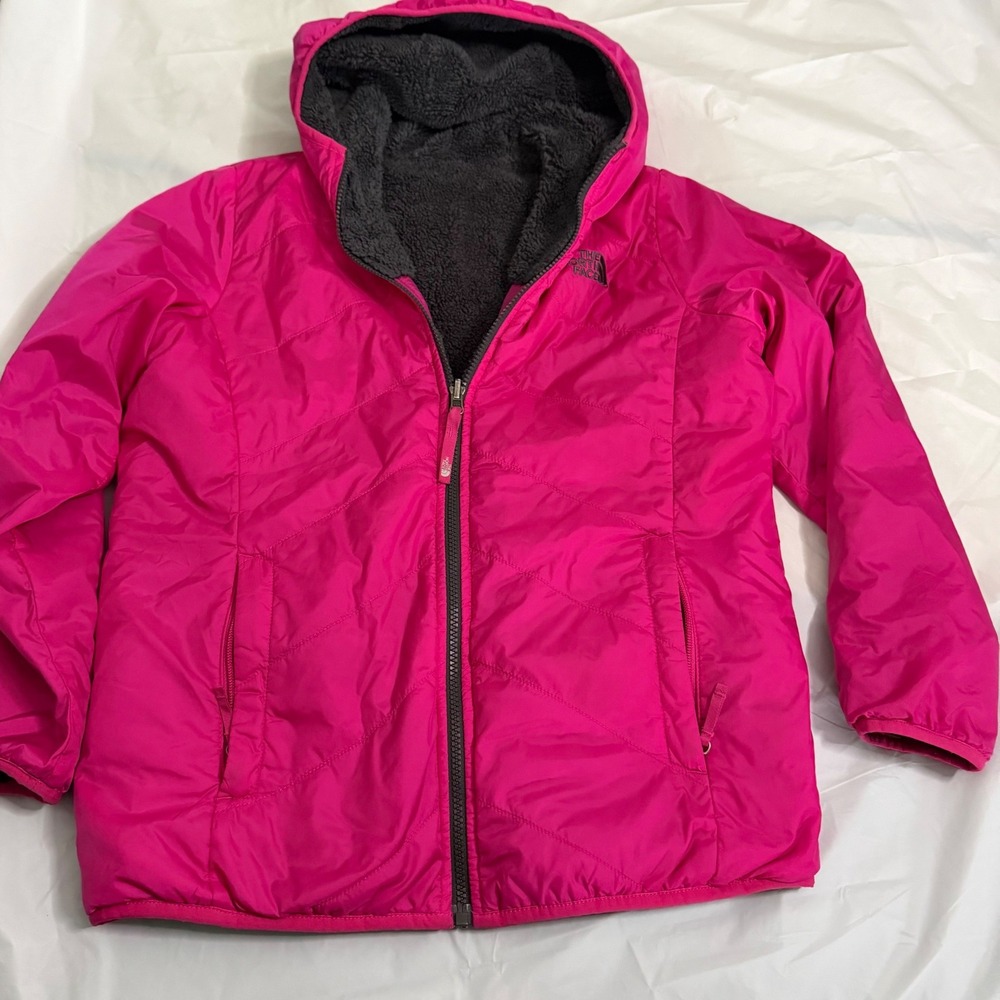 The North Face Girls Mossbud Swirl Reversible Hooded Puffer Jacket Pink XL 18